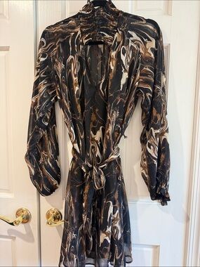 Banana Republic Marble-Print Long Sleeve Wrap Dress in Black, Brown & Cream